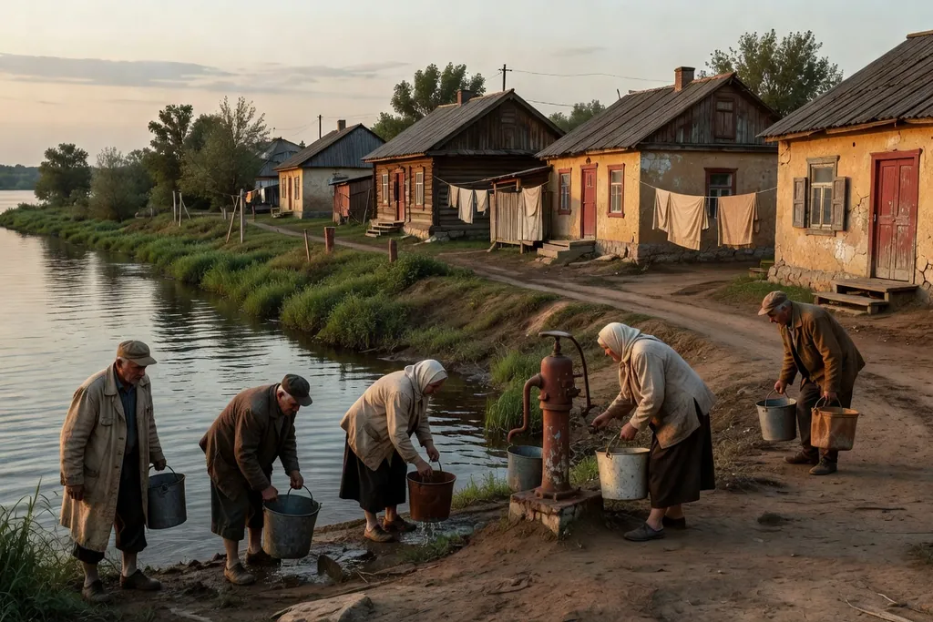 Scène documentaire illustrant minerai fer empeche habitants approvisionnes eau dans une région russe