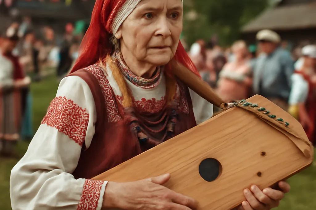 Femme âgée portant un gousli traditionnel en Carélie lors d'une fête de village