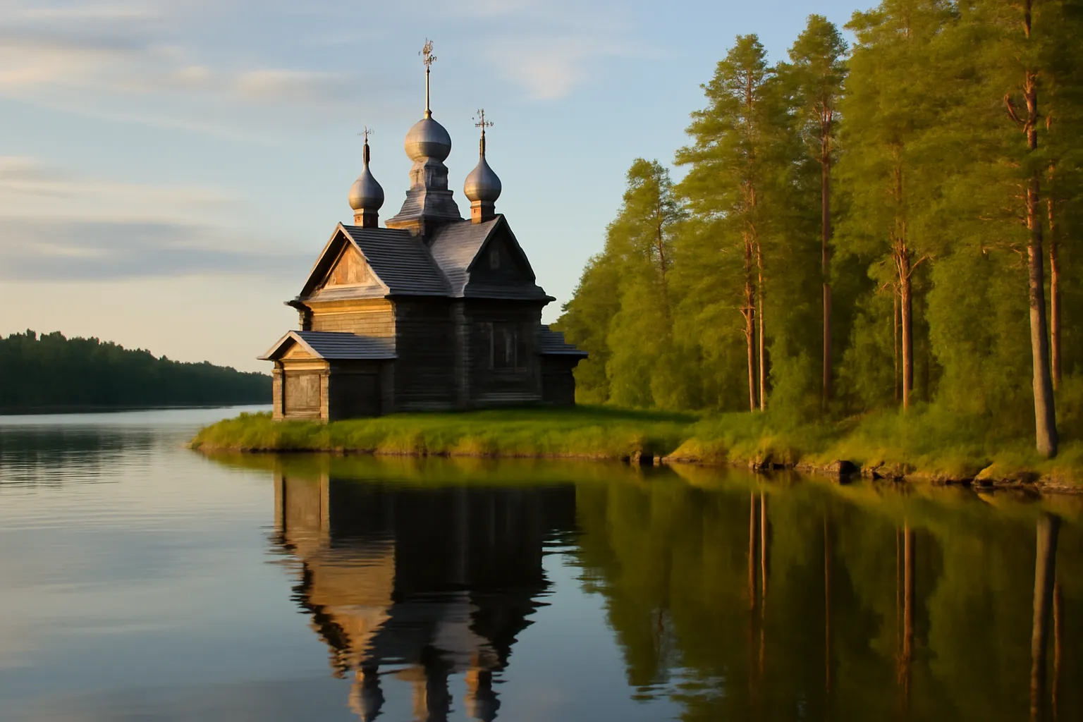 Église orthodoxe en bois aux coupoles argentées au bord d'un lac de Carélie, entourée de pins