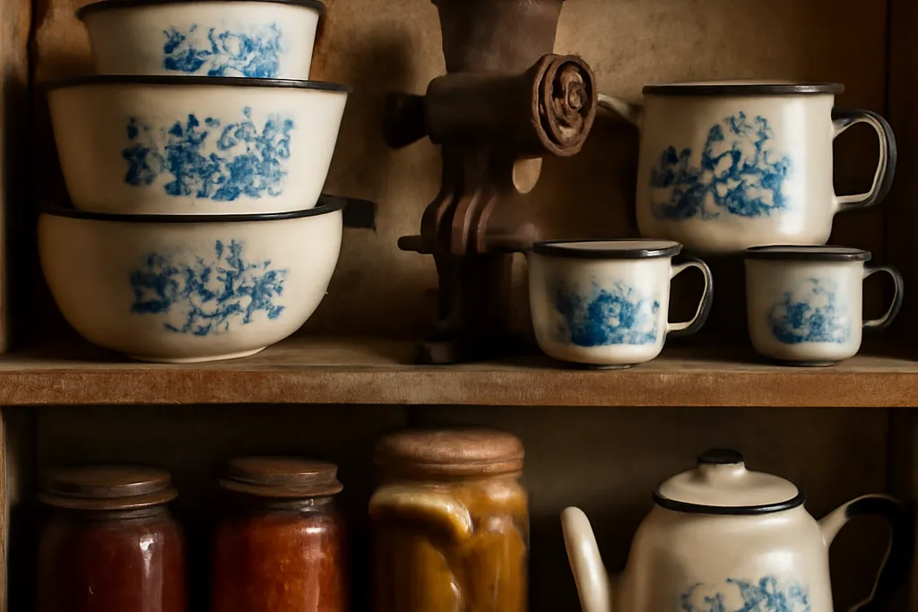 Étagère de cuisine russe avec objets émaillés soviétiques et conserves maison
