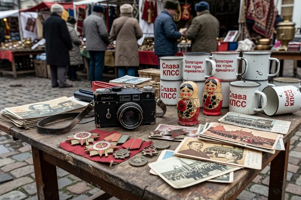 Stand de marché aux puces soviétique avec médailles, appareils photo et vaisselle d'époque URSS