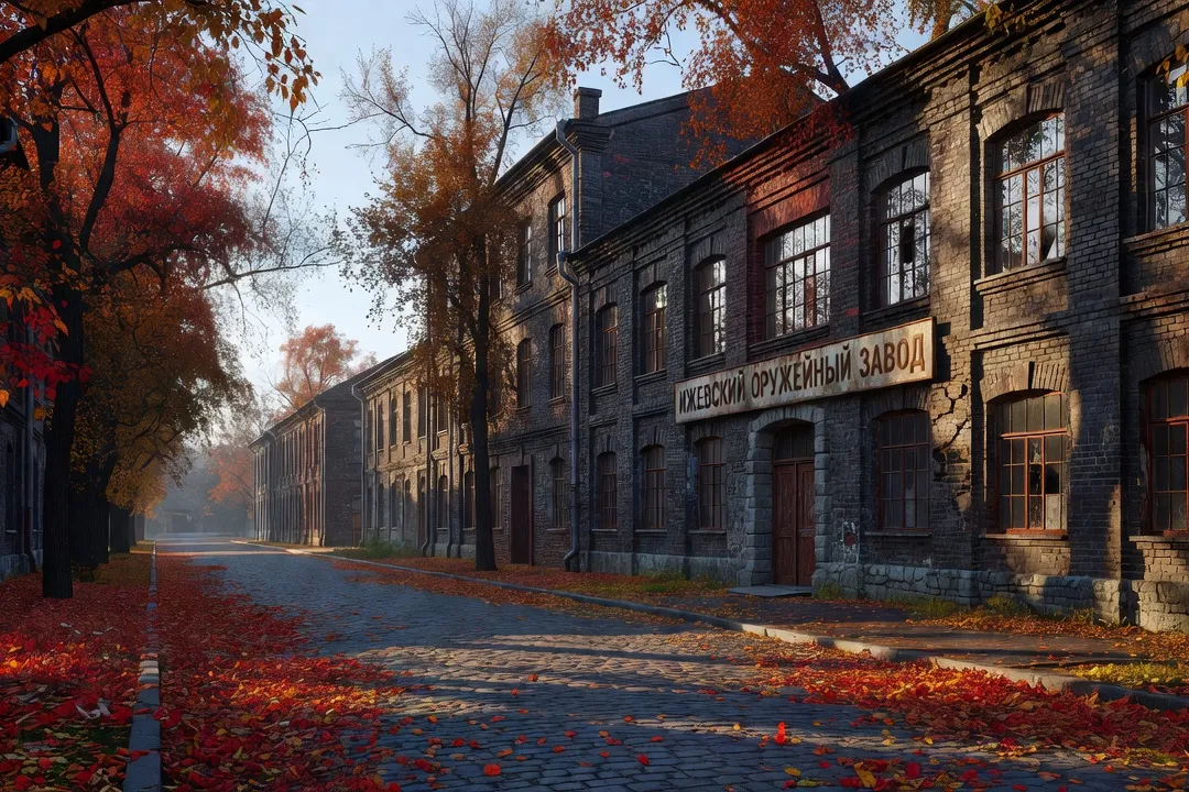 Rue du centre historique d’Ijevsk avec bâtiments industriels anciens