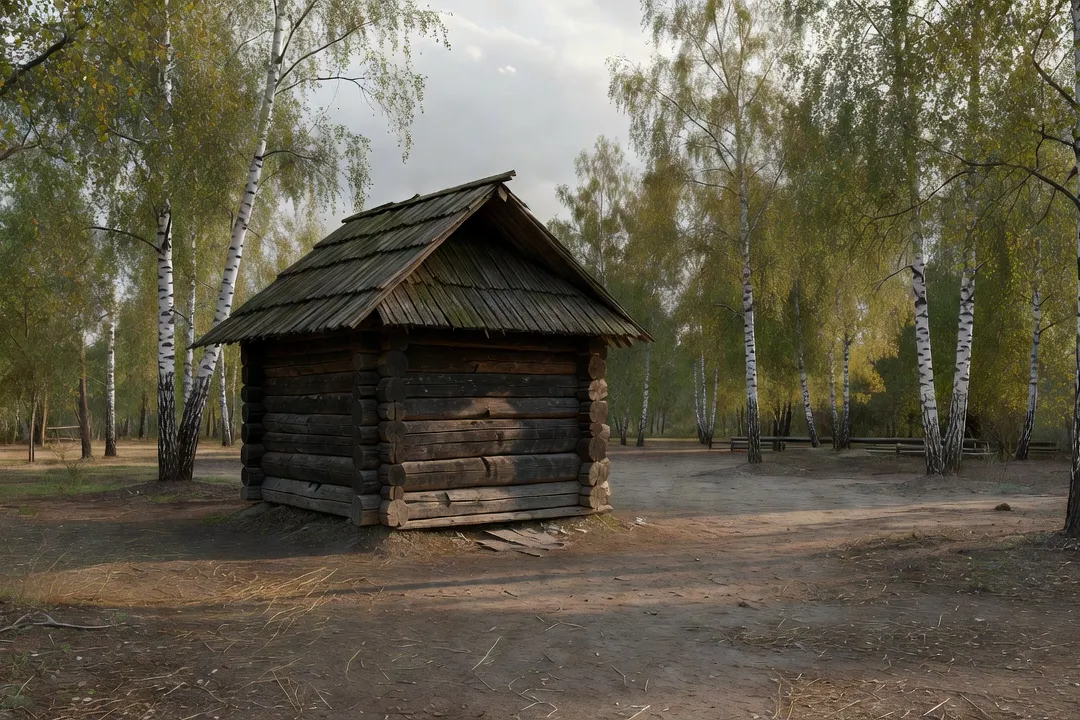 Sanctuaire traditionnel en bois type kuala dans une cour rurale d’Oudmourtie