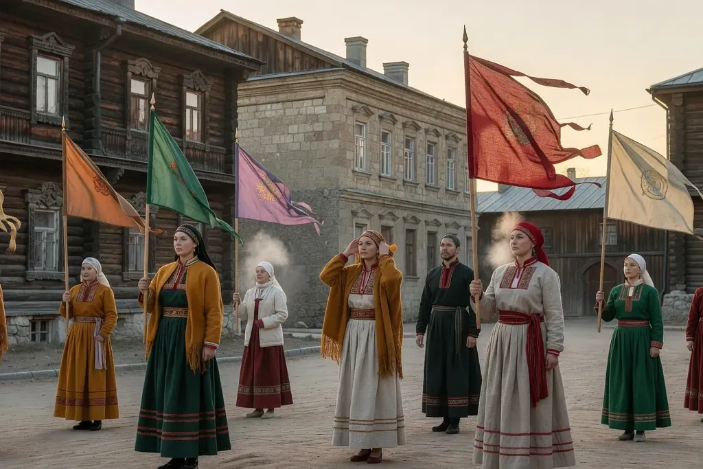 Un défilé coloré à Tioumen pour la fête du Travail, avec des participants portant des costumes traditionnels et des pancartes.