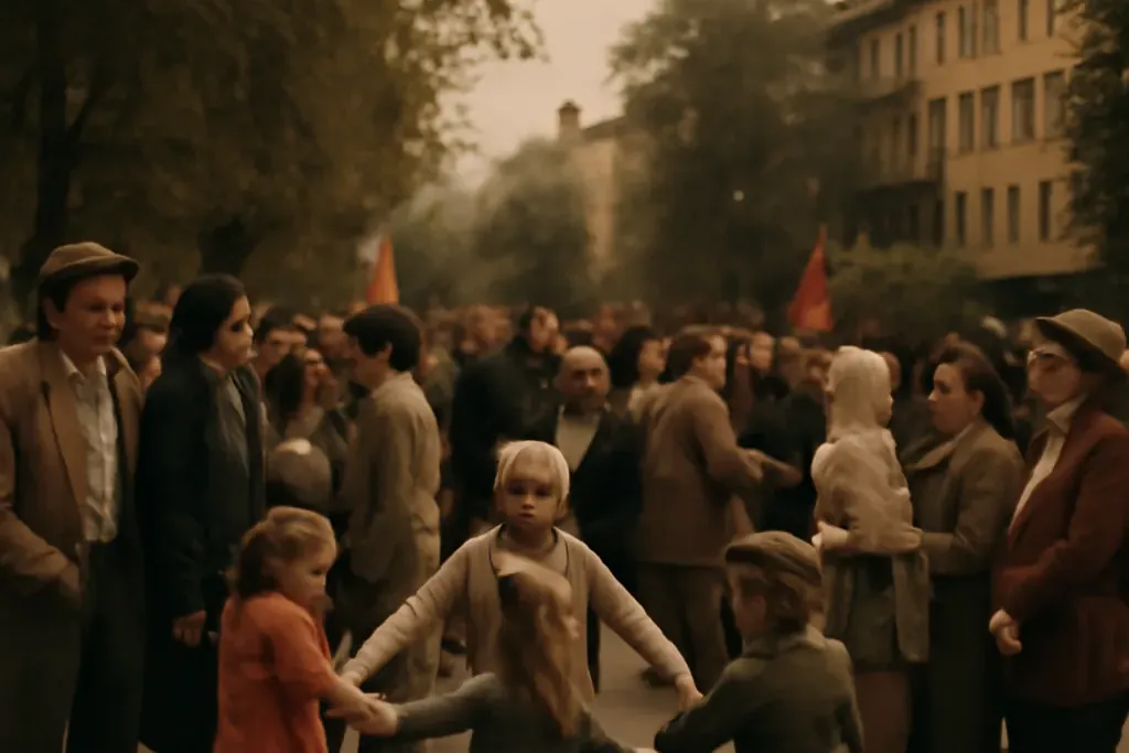 Un rassemblement festif sur le Boulevard Tsvetnoï à Tioumen, avec des participants célébrant la fête du Travail. Des enfants dansent et des adultes échangent des sourires.