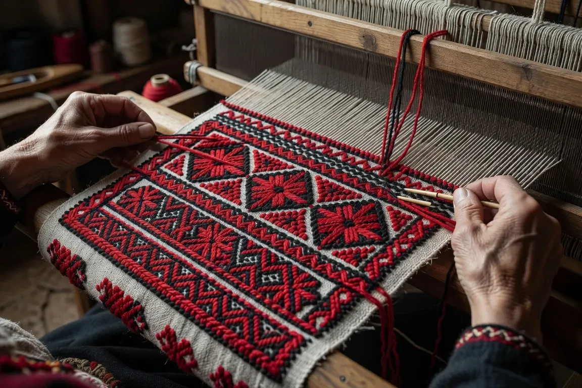 Broderie Mordve traditionnelle sur tissu de lin, motifs géométriques colorés rouge et noir, mains d'artisane