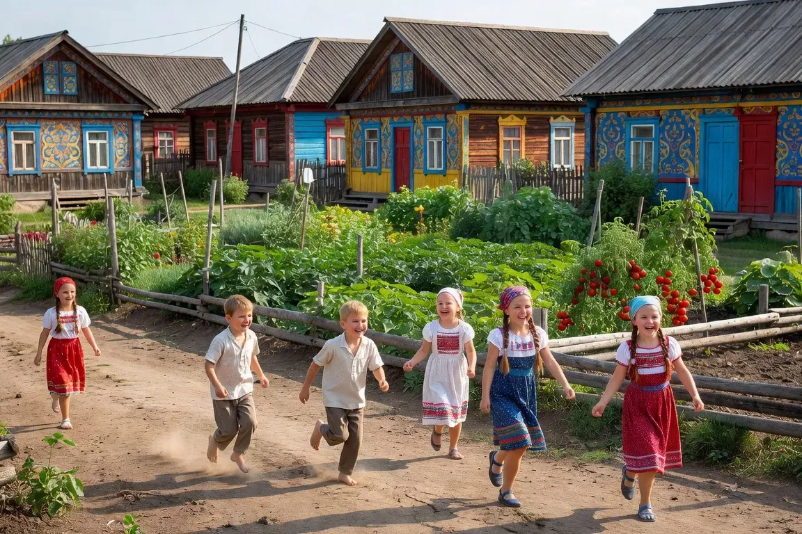 Village tchouvache traditionnel, isbas en bois peint, jardin potager, enfants jouant, été