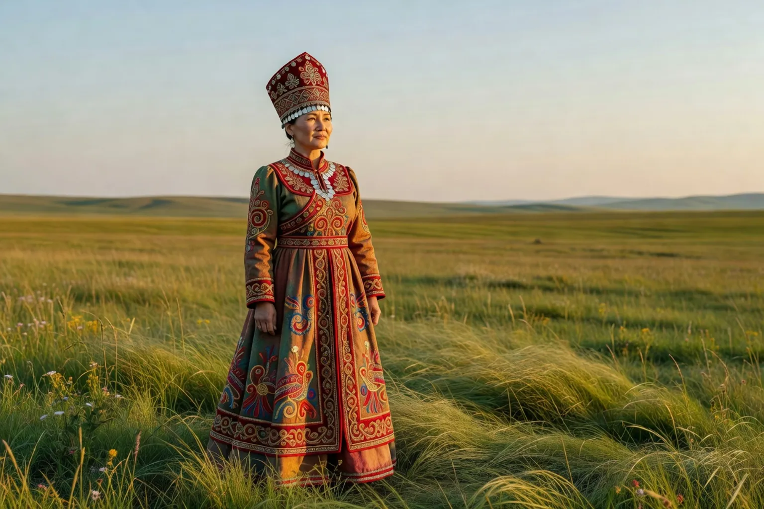 Femme bachkire en tenue traditionnelle brodée et coiffe ornée dans une prairie de steppe