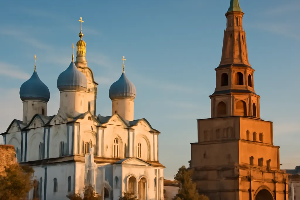 Vue des minarets de Kazan et de l'église orthodoxe côte à côte