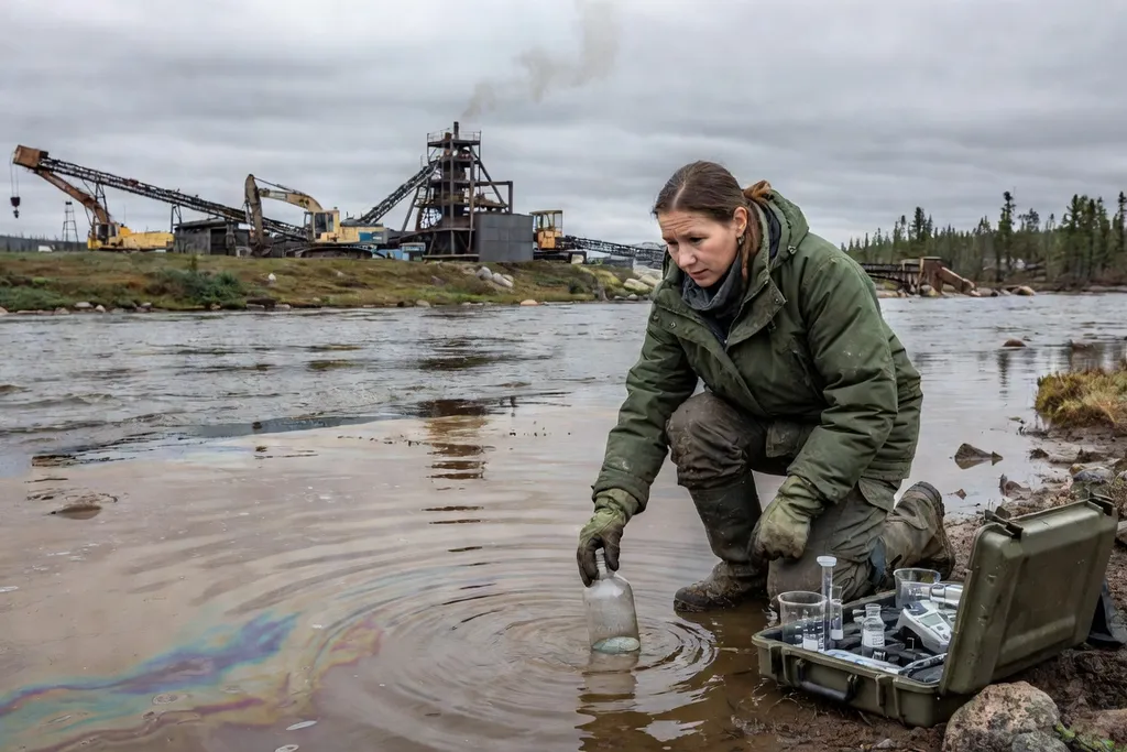 Scientifique prélevant des échantillons d'eau dans une rivière sibérienne contaminée par des rejets industriels de mine d'or