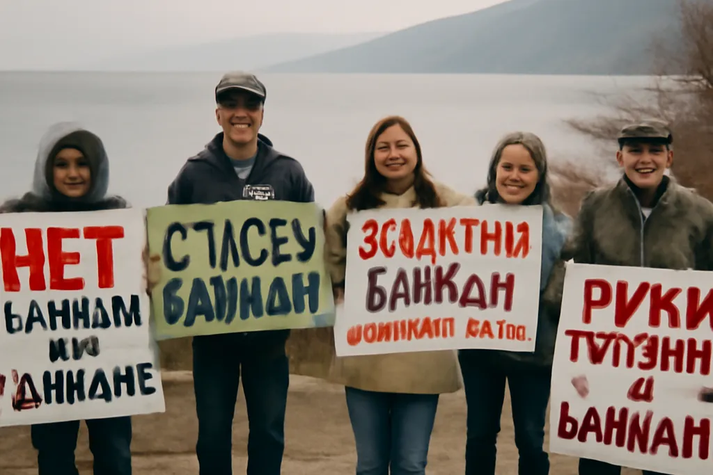 Militants écologistes russes tenant des pancartes lors d'une manifestation en faveur de la protection du lac Baïkal en 2015