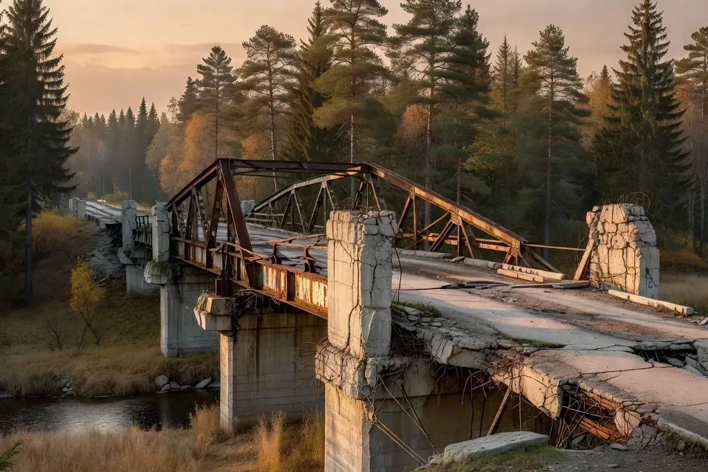 Pont en mauvais état dans l'oblast de Pskov, illustrant la crise des infrastructures.