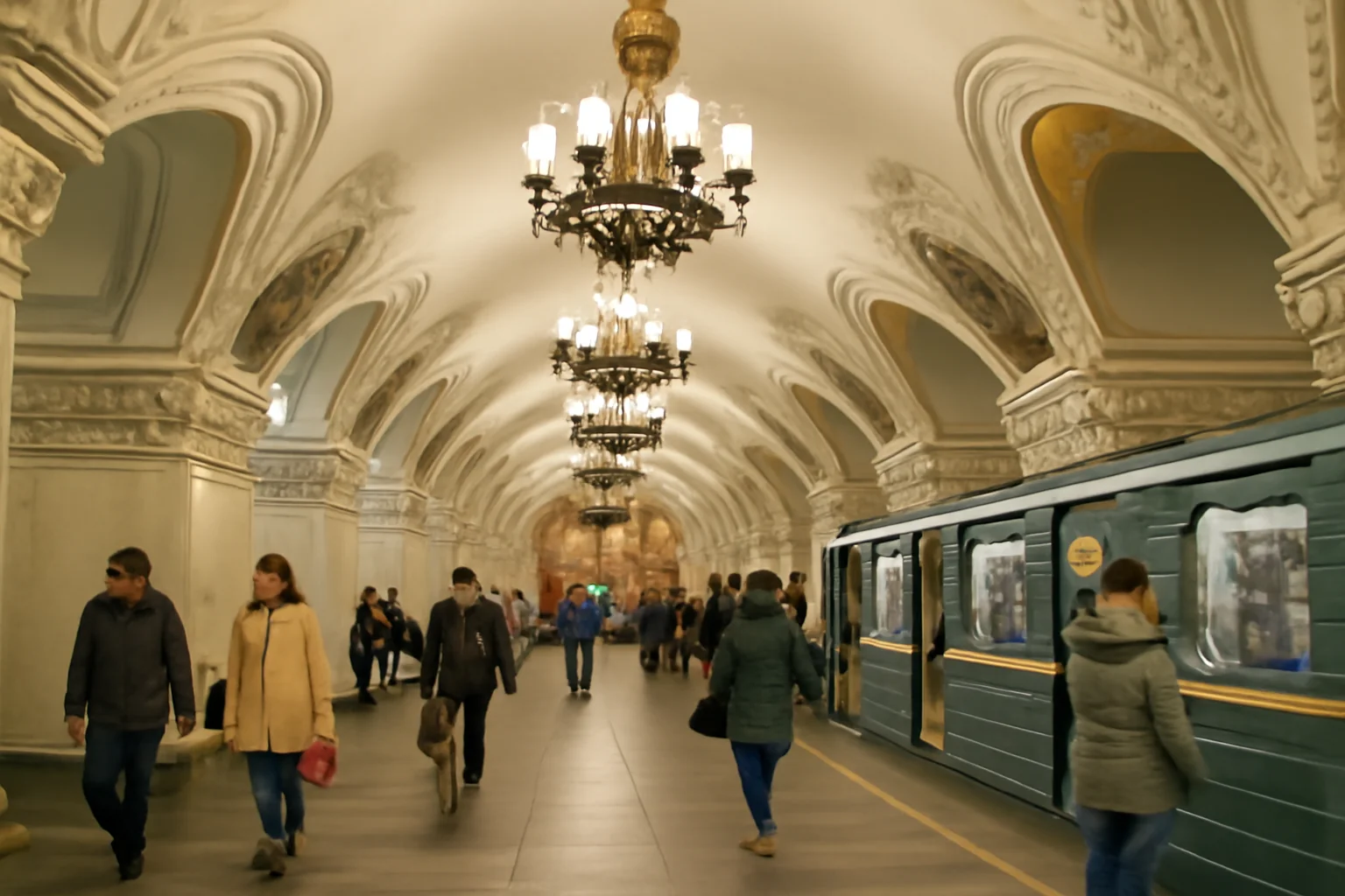 Quai d'une station de métro de Moscou ornée de lustres et de mosaïques