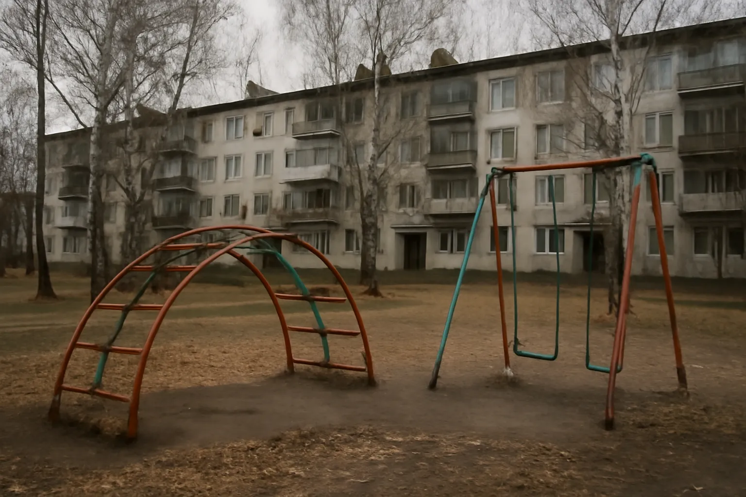 Aire de jeux désertée au pied d'immeubles de l'époque soviétique dans une ville de province russe, en automne