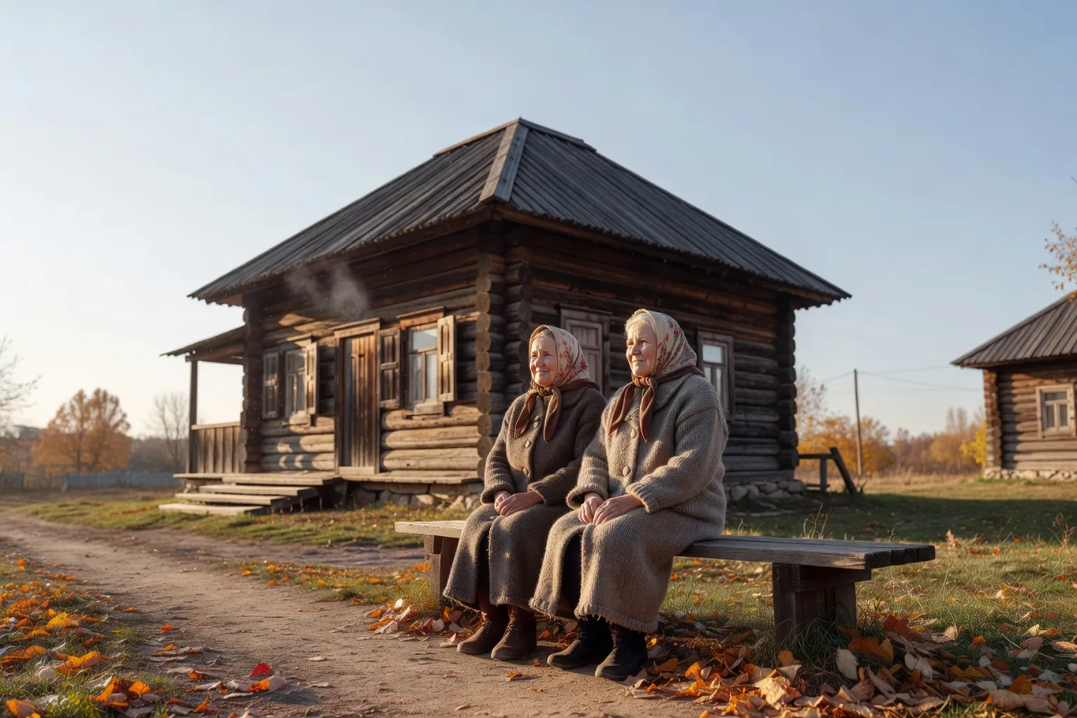 Deux femmes âgées en foulard assises sur un banc devant une isba de bois dans un village russe en automne