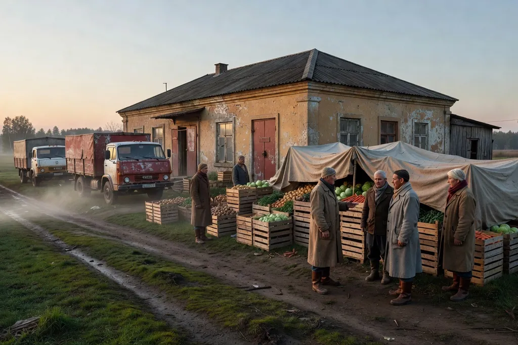 Scène documentaire illustrant producteurs grande distribution dans une région russe