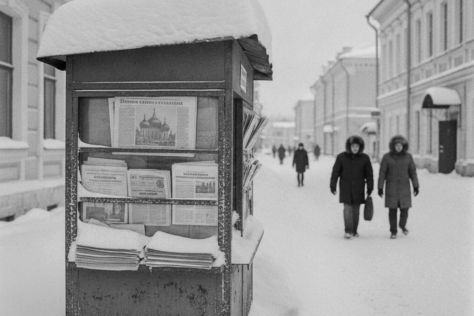 Kiosque à journaux dans une rue enneigée d'une ville russe de province