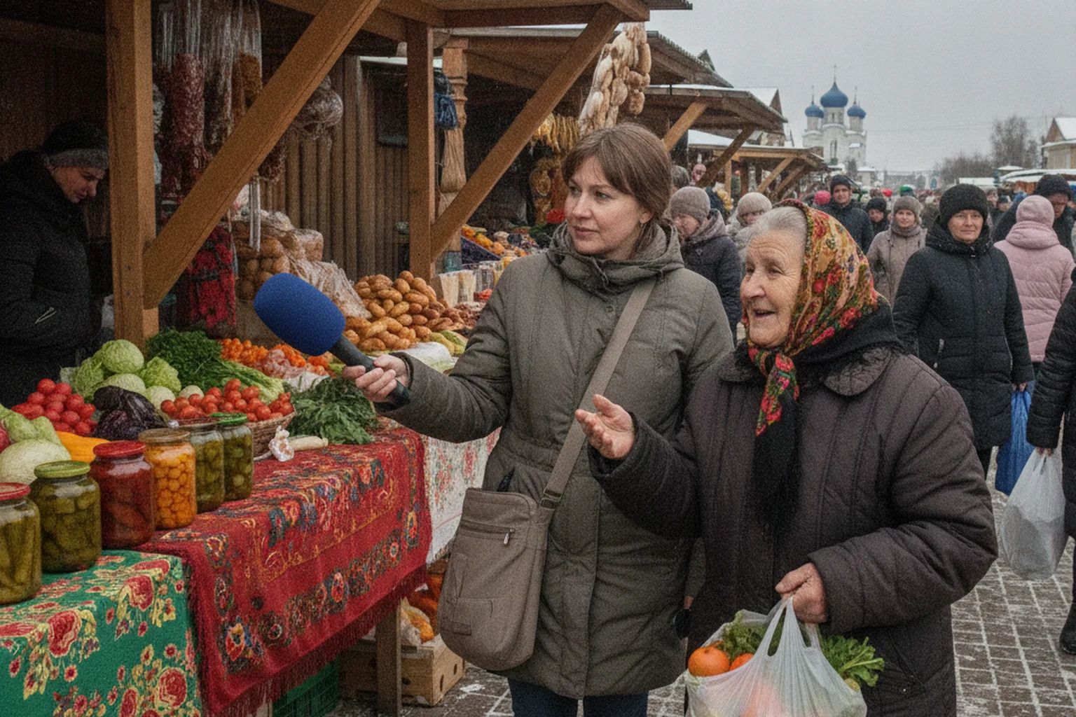 Journaliste interviewant une habitante au marché local en Russie