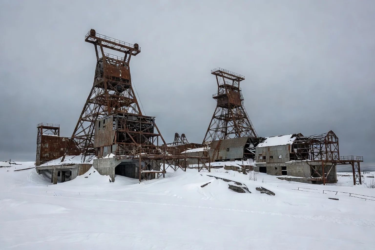 Barrements de mines de charbon sous la neige à Vorkouta, au-delà du cercle polaire arctique