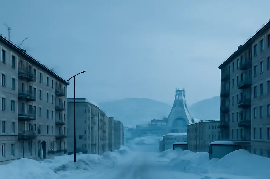 Village du Grand Nord russe avec habitations et paysage subarctique enneigé