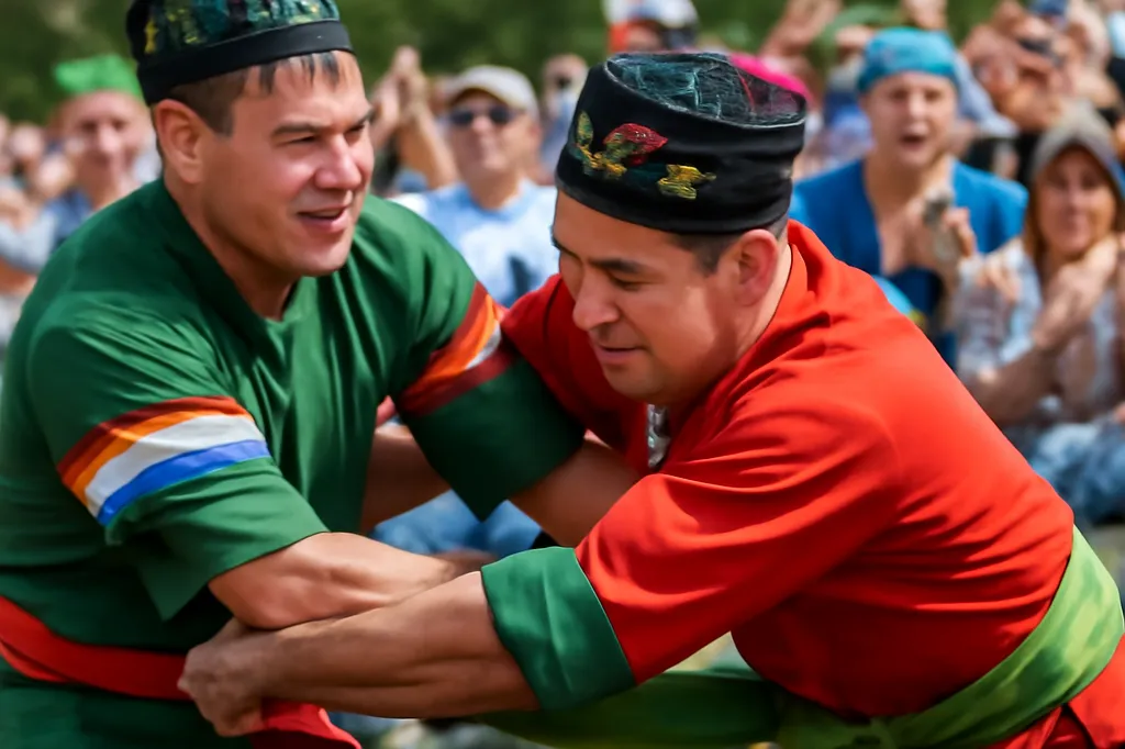 Lutteurs kuresh en costume traditionnel lors du Sabantouï tatar