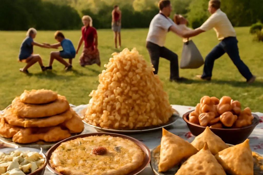 Table de fête du Sabantouï avec pain traditionnel et jeux populaires