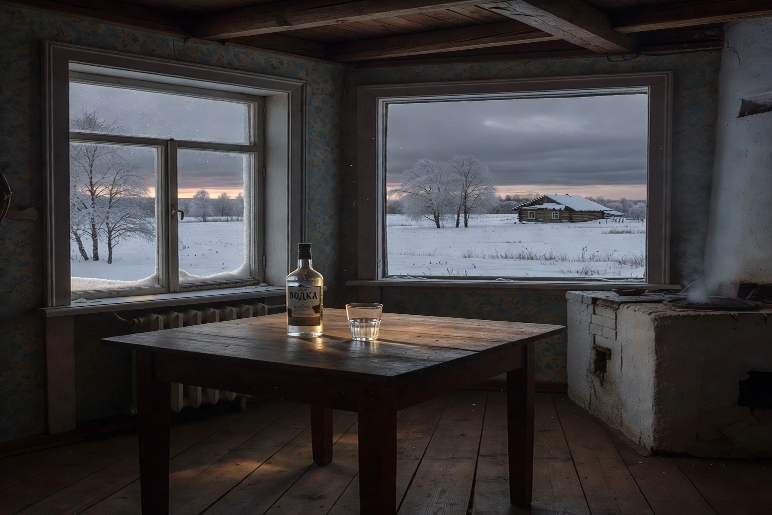Bouteille et verre sur une table en bois dans une cuisine rurale russe au crépuscule