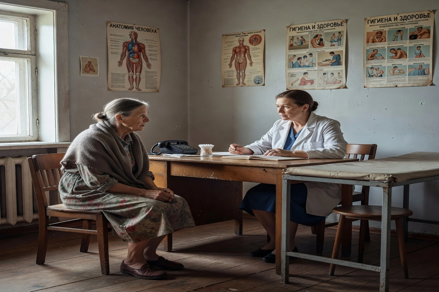 Consultation médicale dans un dispensaire rural russe avec un patient âgé