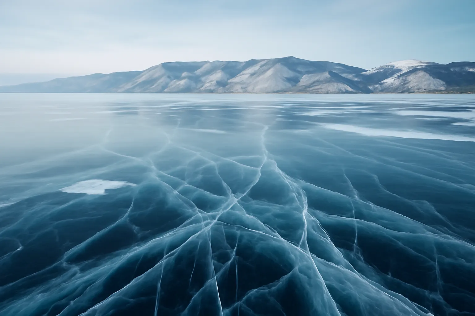 Glace fissurée et transparente du lac Baïkal en hiver, montagnes enneigées à l'horizon