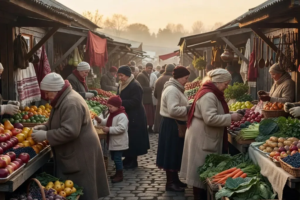 Photographie d'un marché traditionnel en Russie, illustrant la richesse de la vie quotidienne.