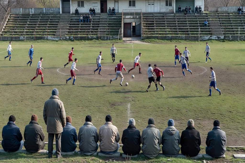 Terrain de football amateur provincial russe avec gradins modestes
