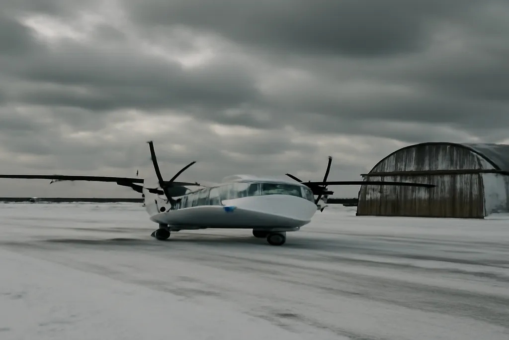 Piste d'atterrissage enneigée et avion charter dans un aéroport régional du Grand Nord