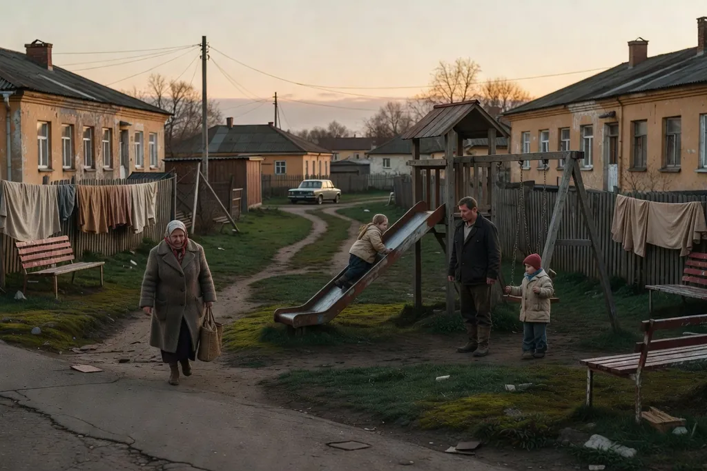 Scène documentaire illustrant vie enfants entre mains adultes dans une région russe