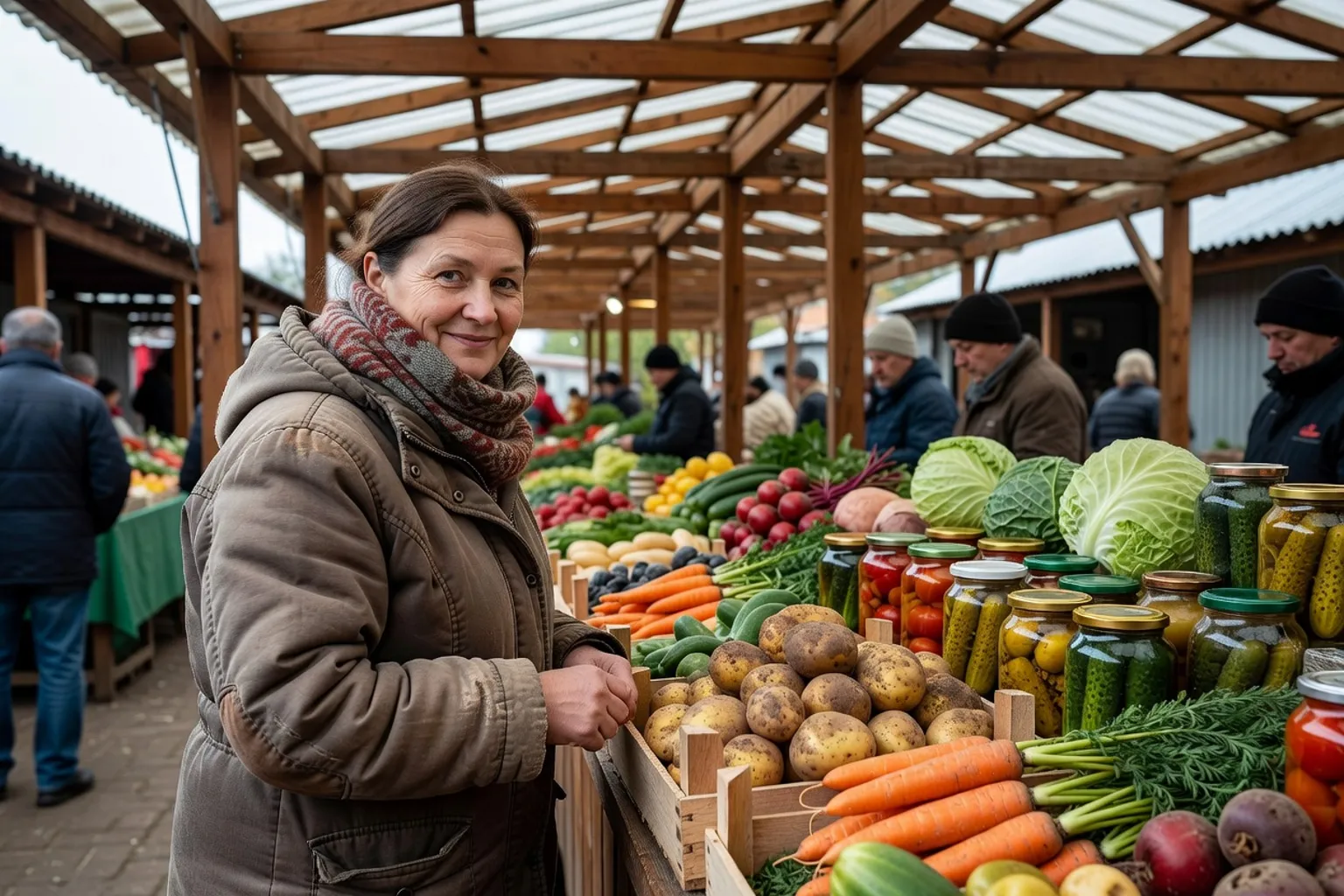 Vendeuse souriante derrière un étal de légumes et de conserves sur un marché couvert de province