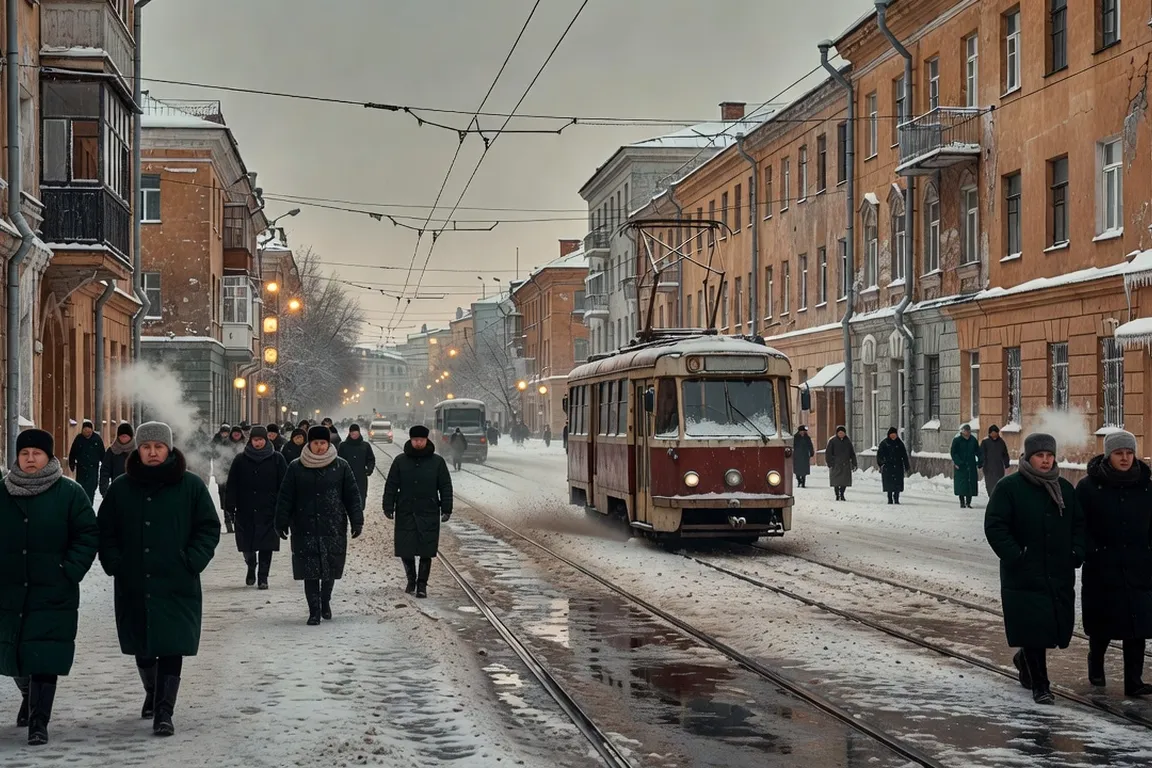 Rue animée d'une grande ville sibérienne en hiver avec tramway