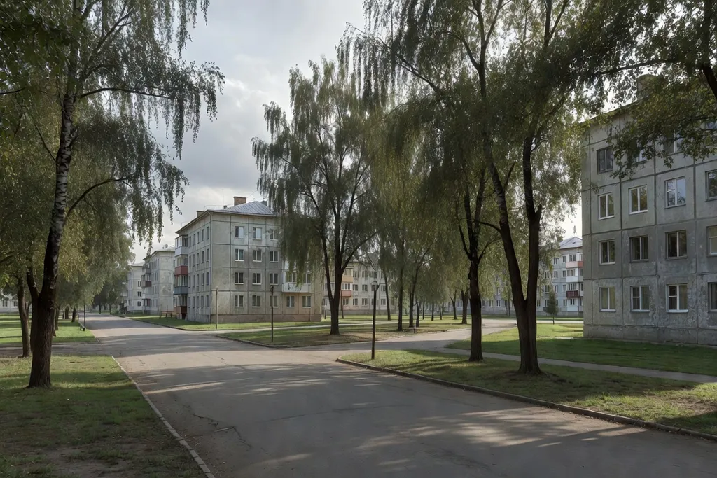 Quartier résidentiel soviétique arboré dans une ville fermée de l'Oural