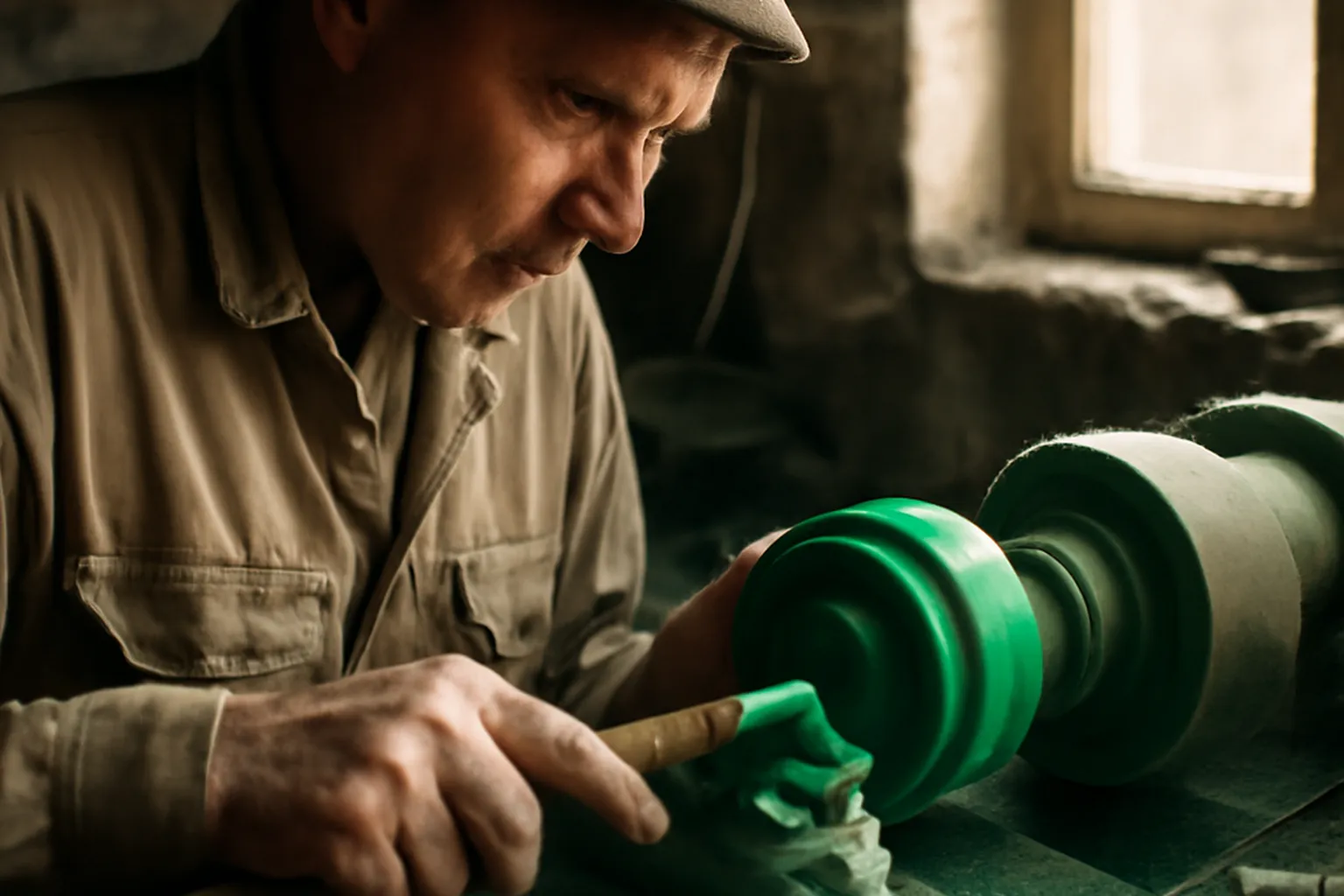 Artisan tailleur de pierre de l'Oural travaillant la malachite dans son atelier