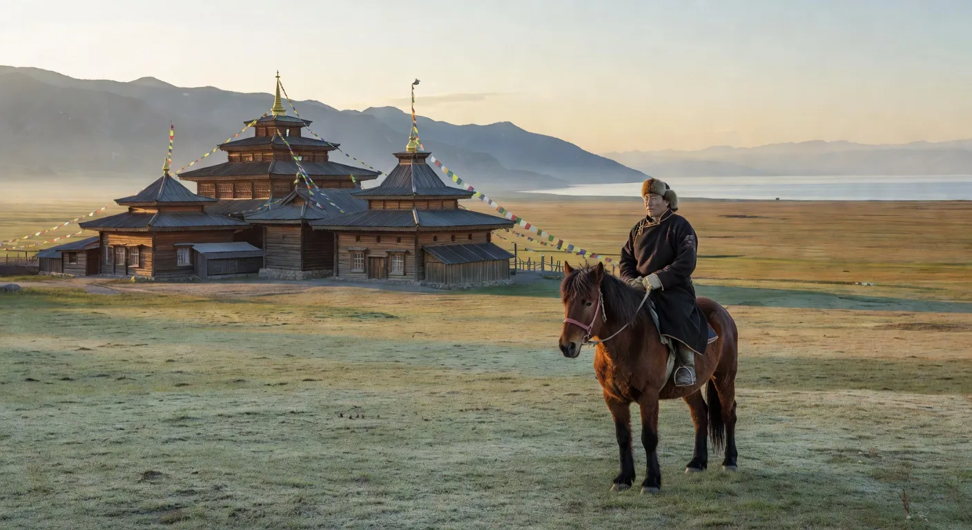 Cérémonie bouriate traditionnelle sur les rives du lac Baïkal, moine en robe orange, stupa doré