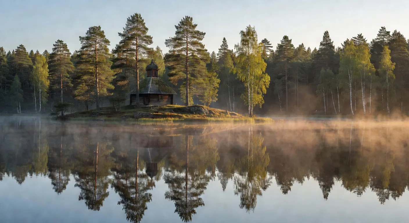 Paysage de Carélie russe, lac Onega au coucher du soleil, forêt de pins en automne