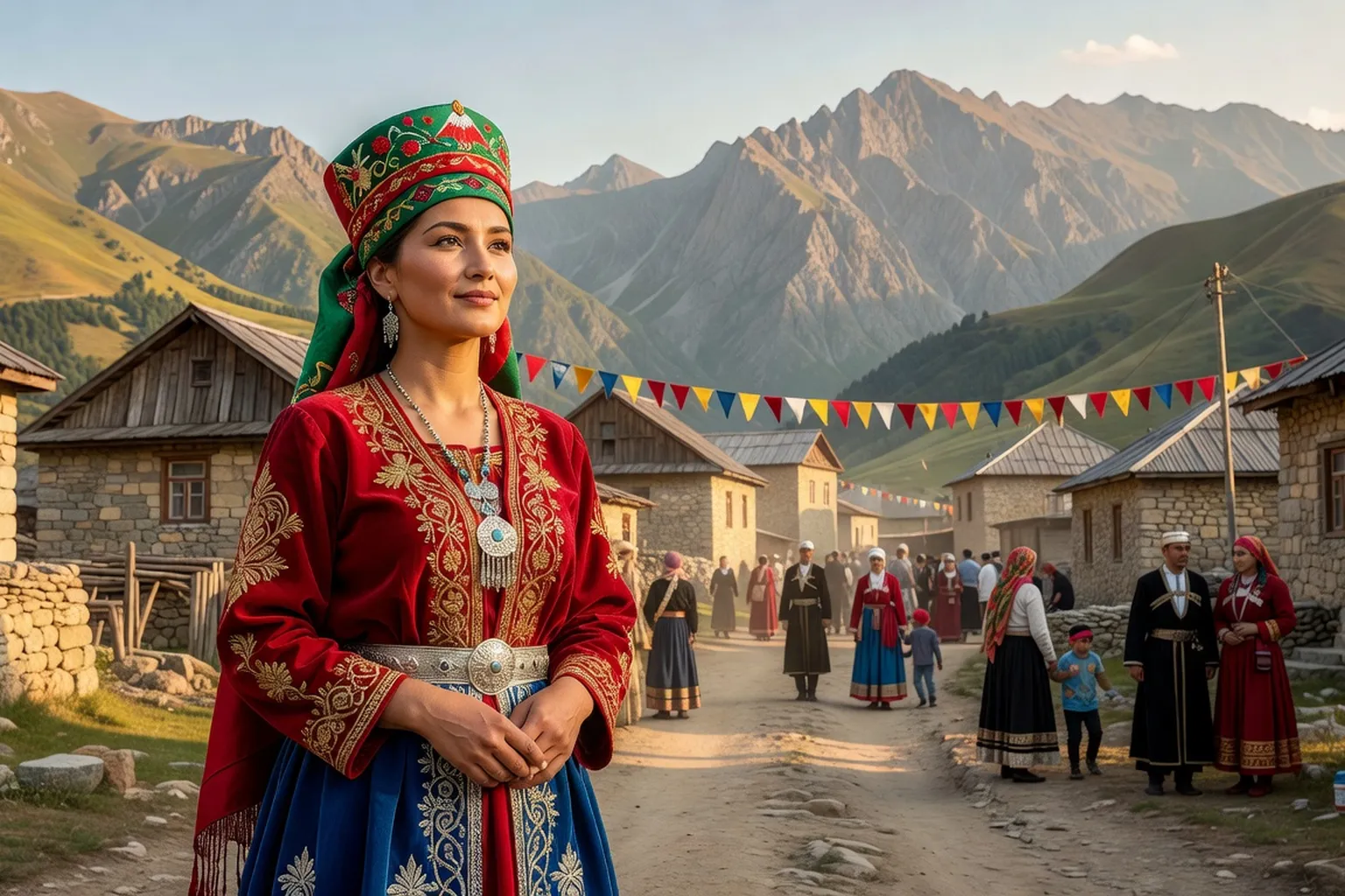 Femme caucasienne en costume traditionnel lors d'une fête de village au Daghestan