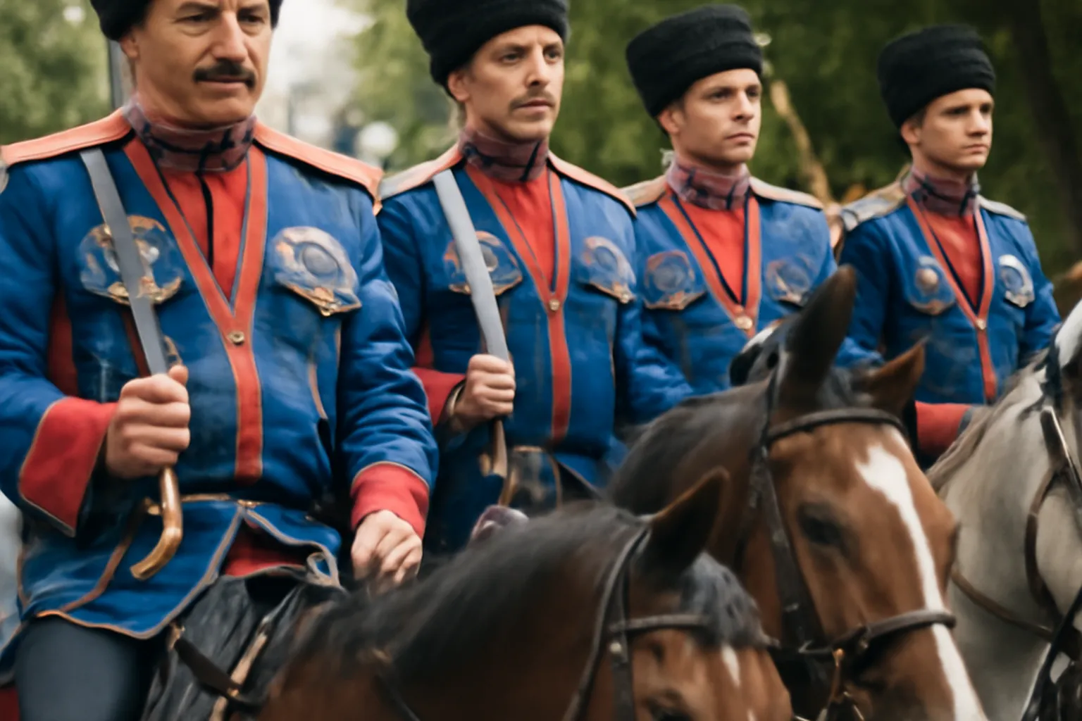 Cavaliers cosaques du Don en uniforme traditionnel lors d'une parade dans le Kouban