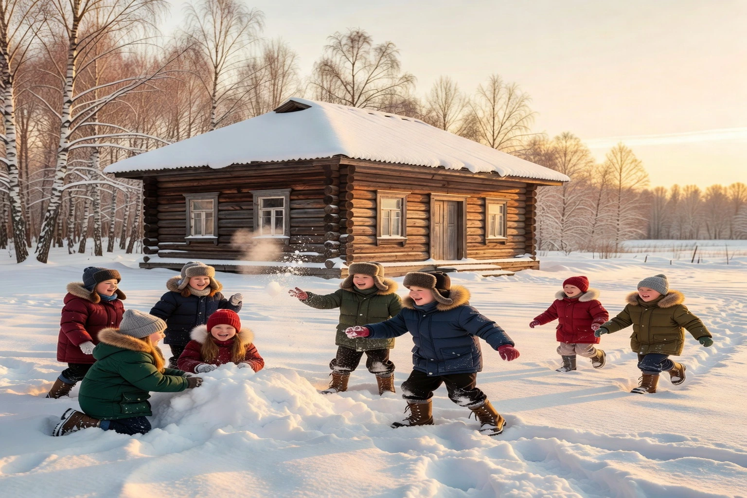 École de village russe avec enfants en cour d'hiver, petit bâtiment en bois et neige