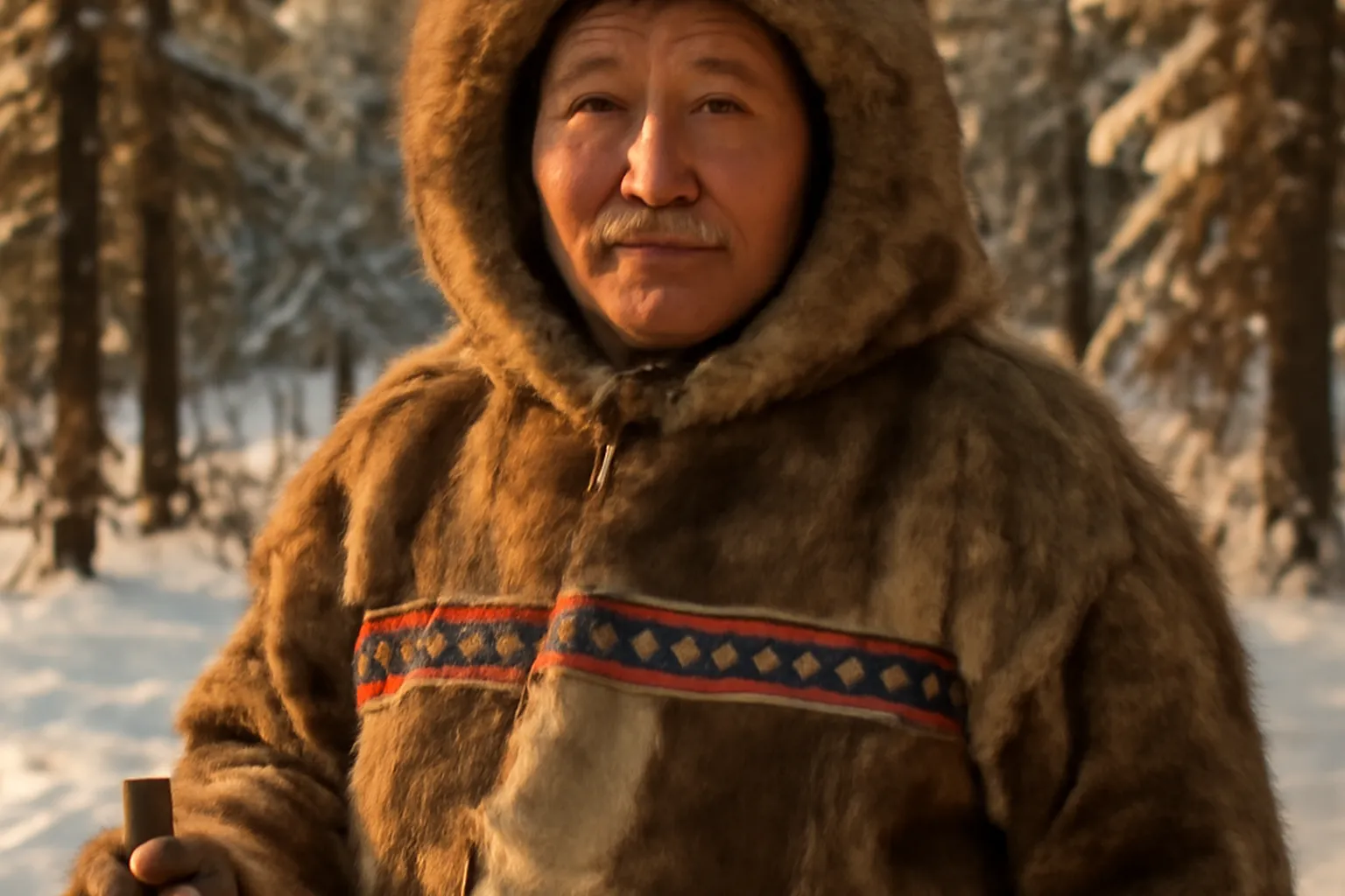 Evenk en tenue traditionnelle devant la taïga de l'Extrême-Orient russe