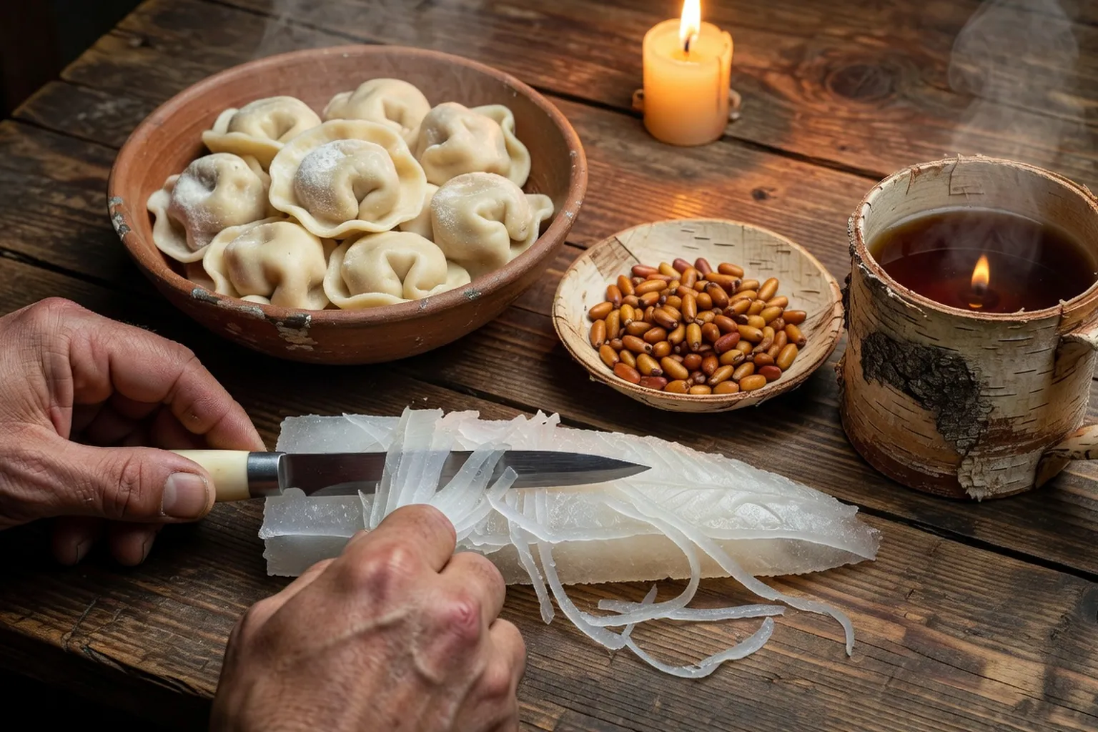 Assiette de pelmeni sibériens et stroganina sur une table de bois