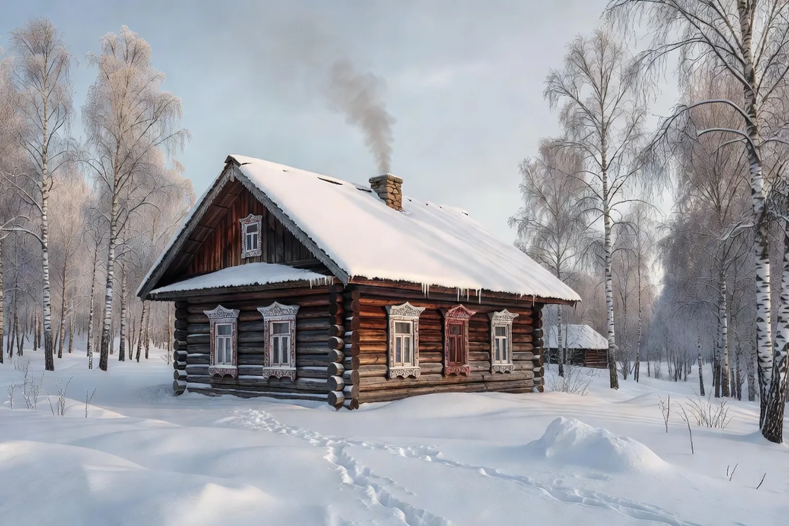Maison en rondins (izba) traditionnelle de la province russe en hiver
