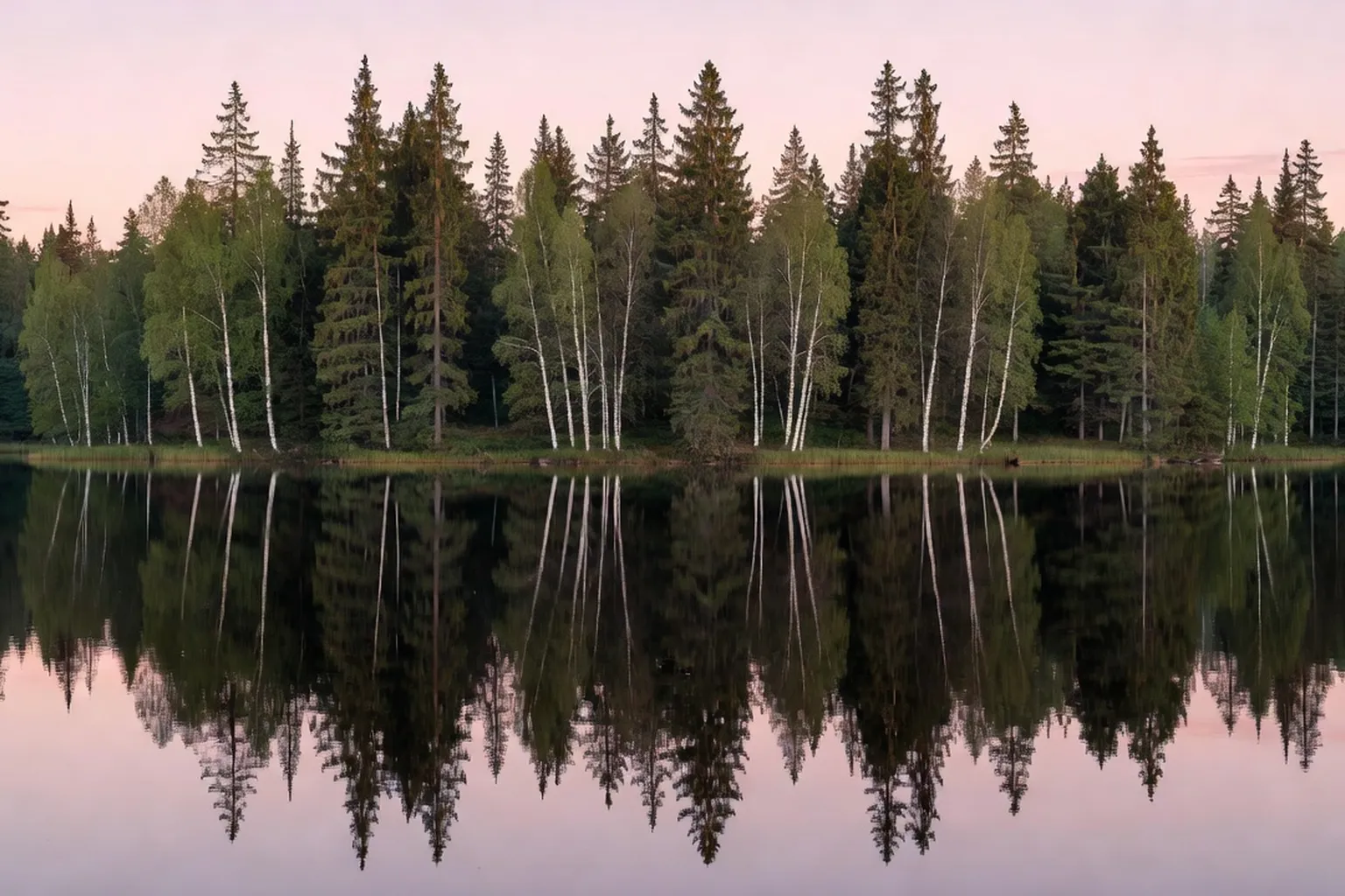 Lac Ladoga en Carélie : reflet de la taïga dans les eaux calmes à l'aube