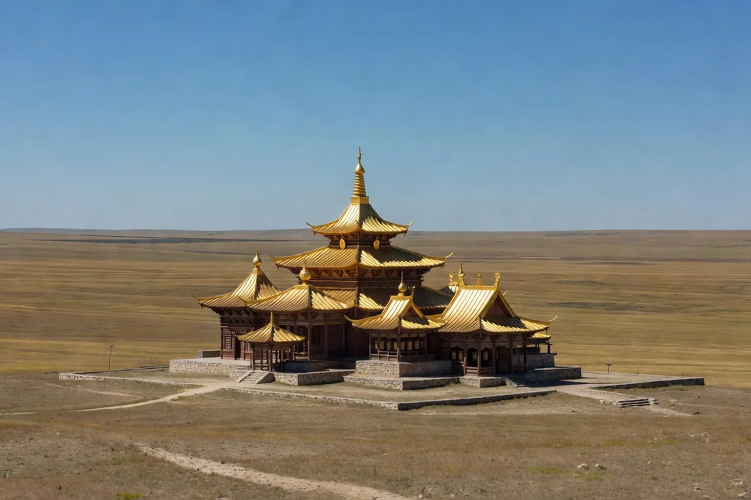 Datsan bouddhiste dans la steppe de Kalmoukie sous un ciel dégagé
