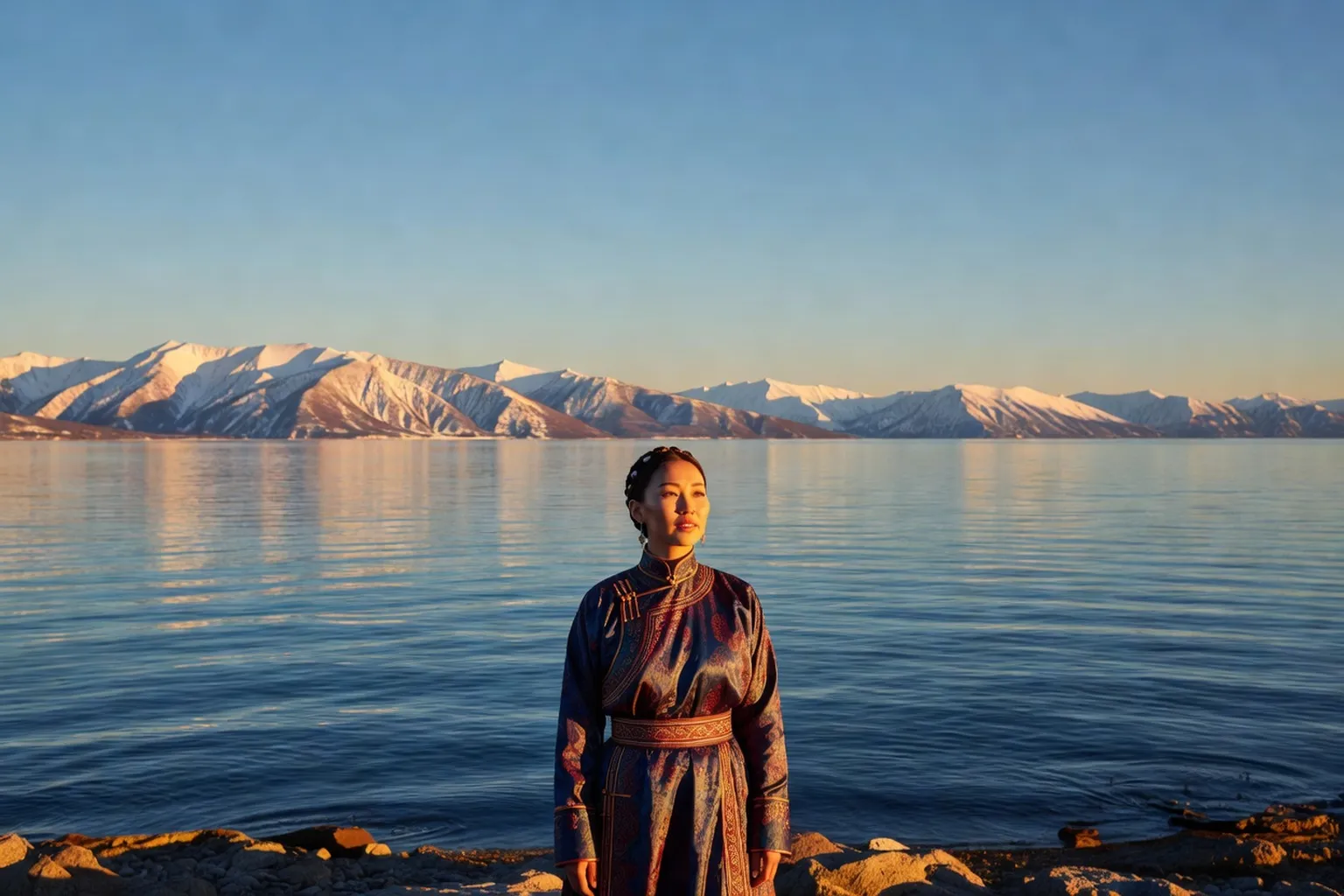 Femme bouriate en costume traditionnel debout sur la rive rocheuse du lac Baïkal à l'aube, l'eau limpide s'étendant jusqu'aux montagnes enneigées