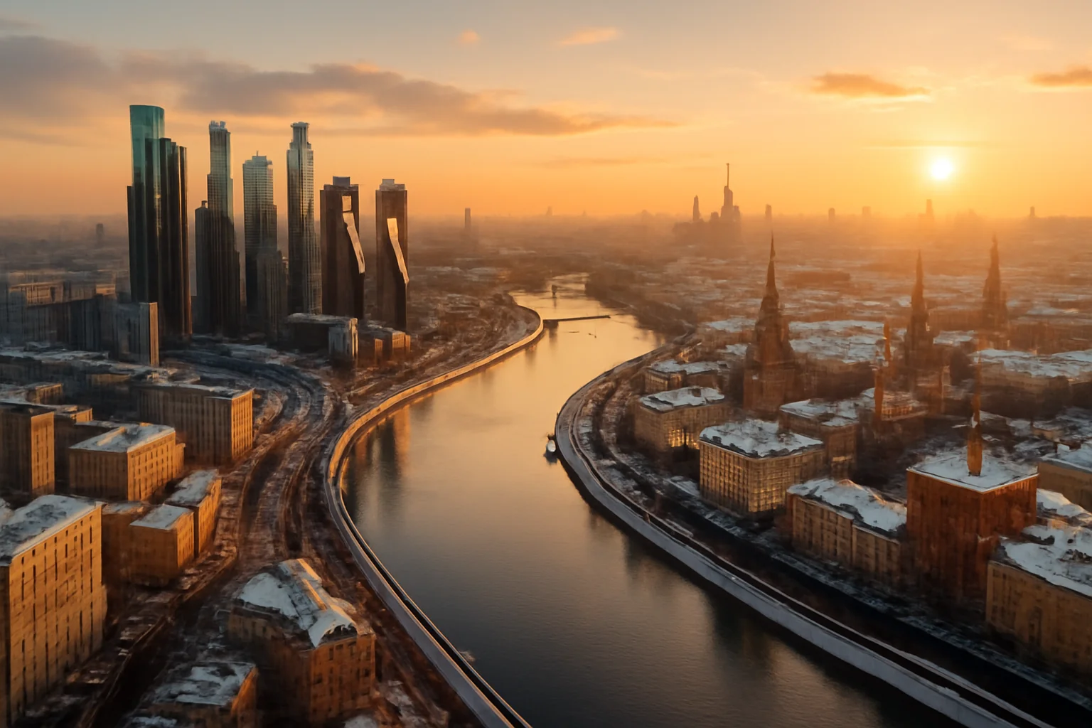 Population de Moscou en 2026 : vue aérienne de la ville, de la Moskova et de l'agglomération moscovite au coucher du soleil