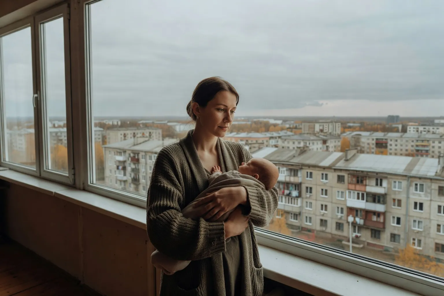 Jeune mère tenant son nouveau-né devant une grande fenêtre donnant sur des immeubles d'une ville de province russe en automne